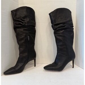 Vince Camuto Armondo Black Leather Croc Embossed Slouchy Knee High Boots 8.5 New